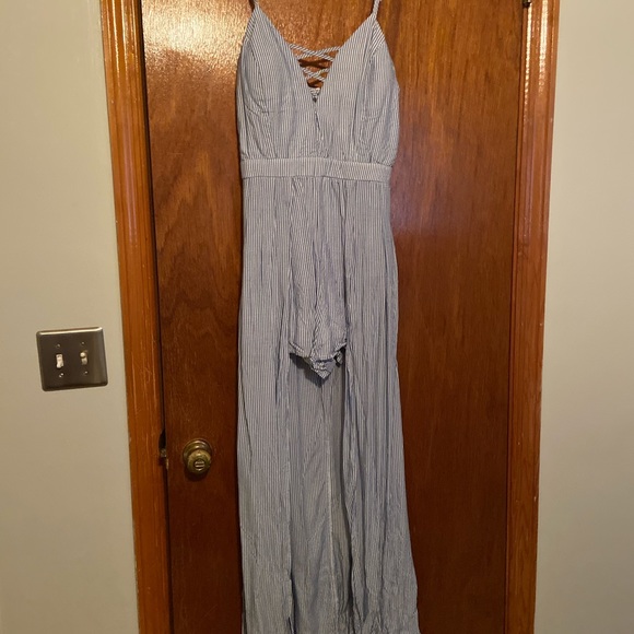 Blue and white striped high low romper - Picture 1 of 4